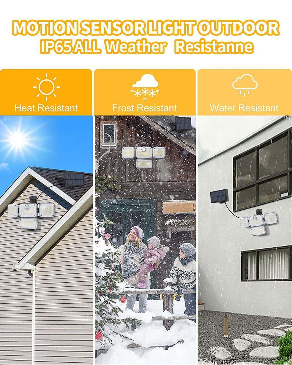 Four-head solar motion sensor wall light with separate solar panel and adjustable heads