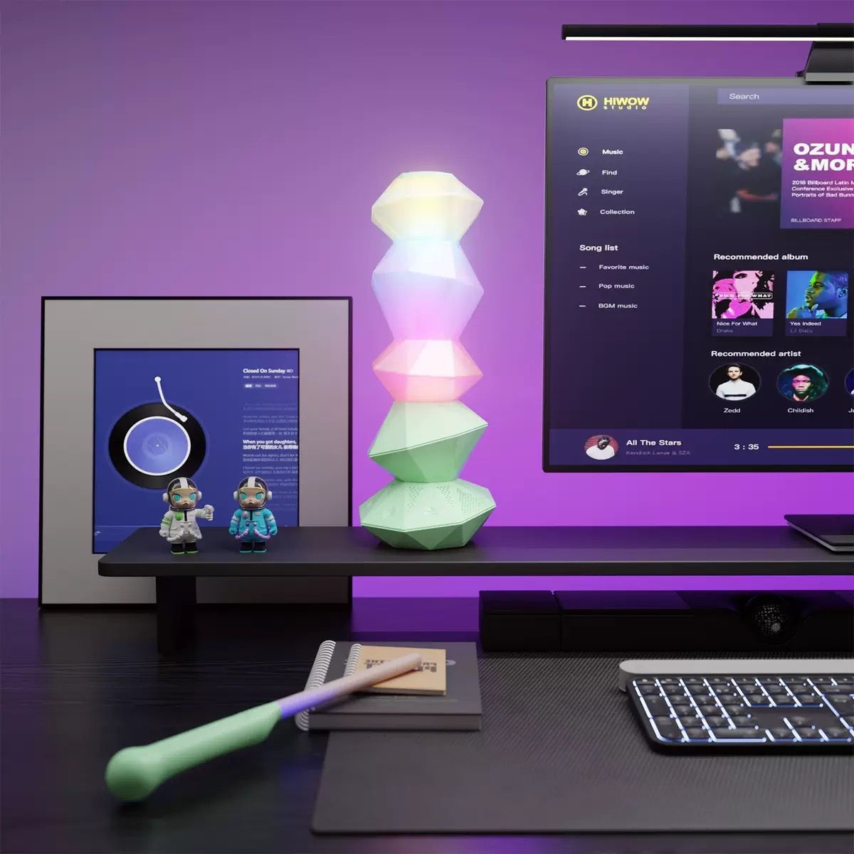 Crystal-style RGB lamp with remote wand and Bluetooth speaker base