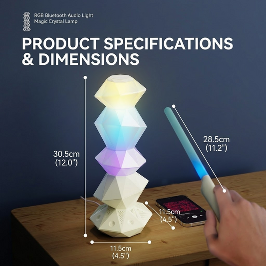 Crystal-style RGB lamp with remote wand and Bluetooth speaker base