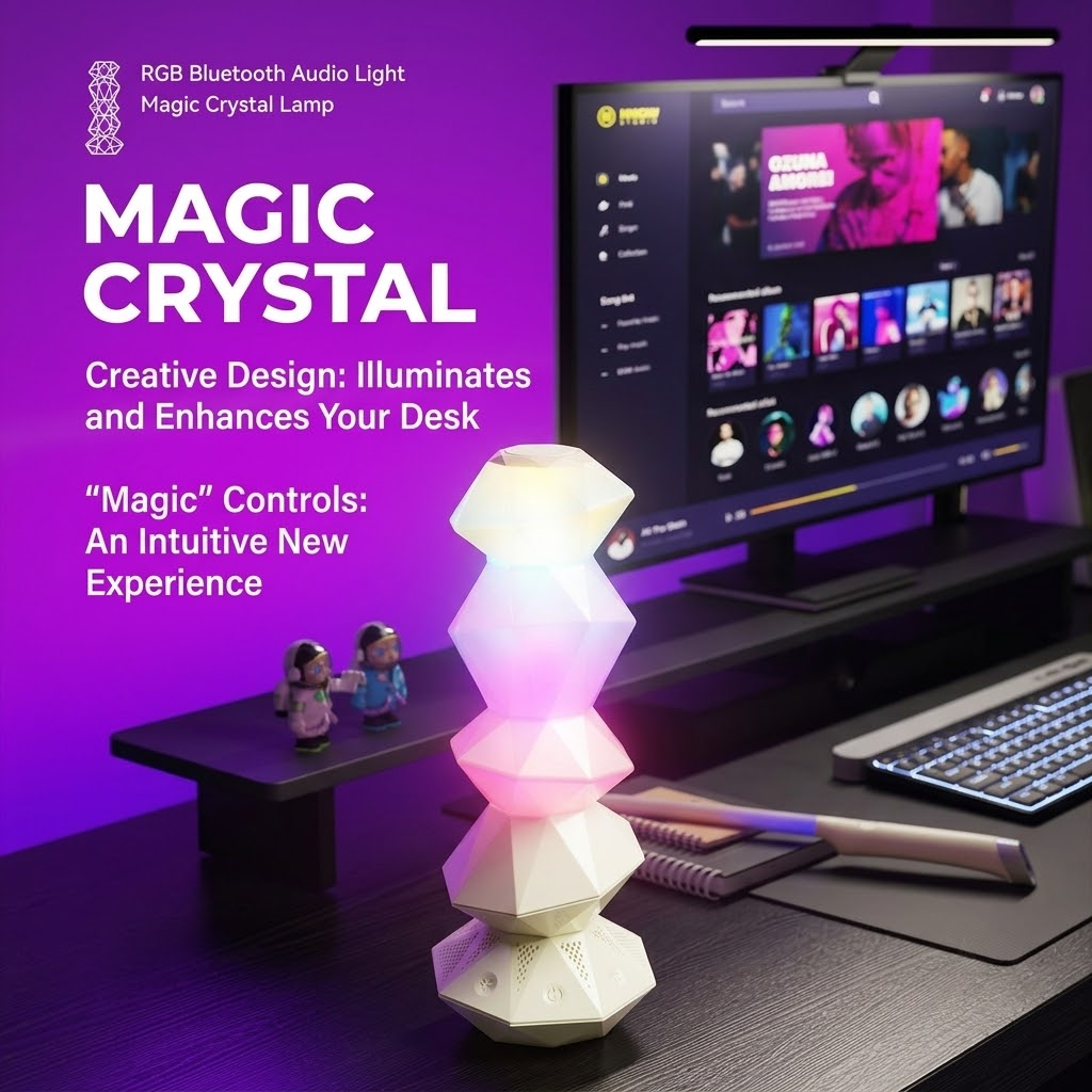 Crystal-style RGB lamp with remote wand and Bluetooth speaker base