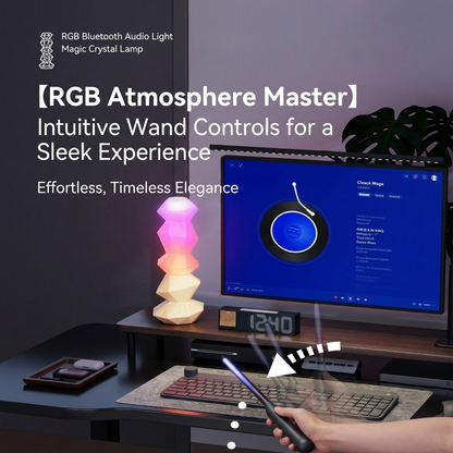 Crystal-style RGB lamp with remote wand and Bluetooth speaker base