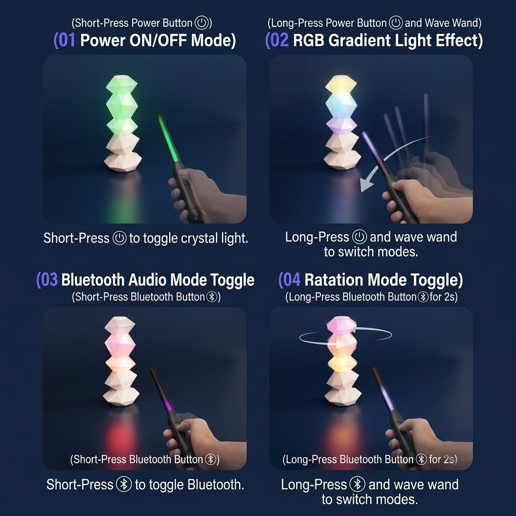 Crystal-style RGB lamp with remote wand and Bluetooth speaker base