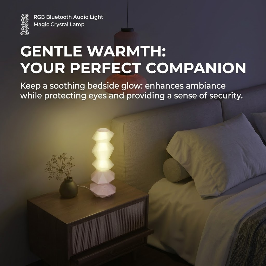 Crystal-style RGB lamp with remote wand and Bluetooth speaker base