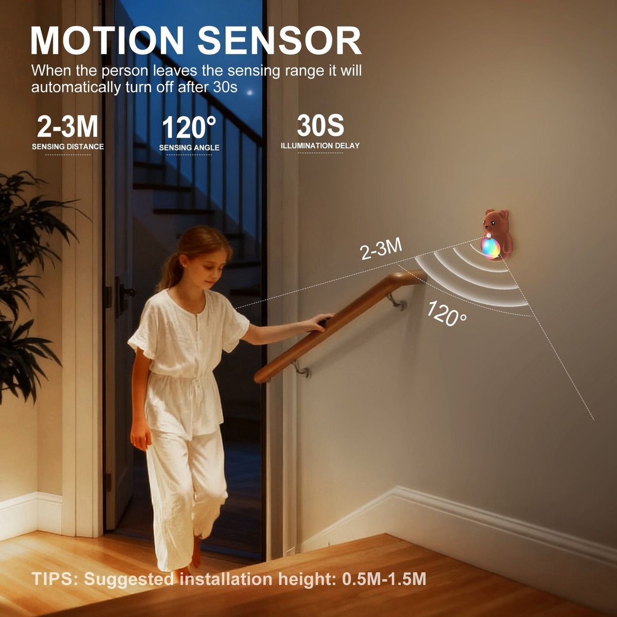 Brown cartoon bear motion sensor night light with soft plush surface