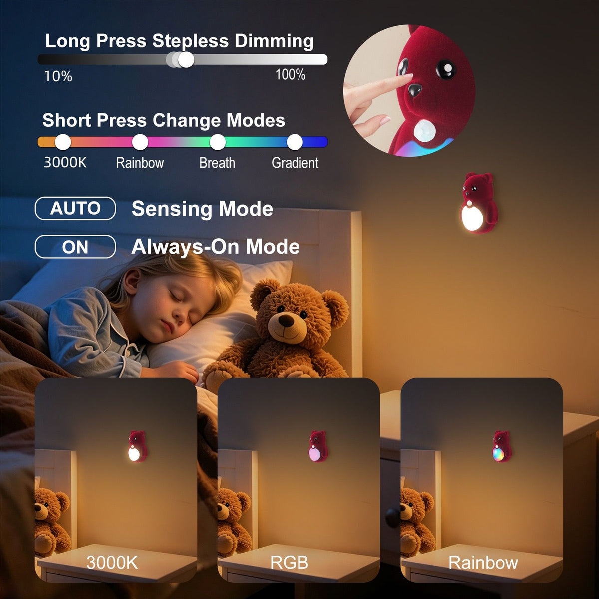 Brown cartoon bear motion sensor night light with soft plush surface