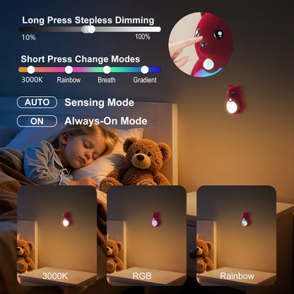 Brown cartoon bear motion sensor night light with soft plush surface