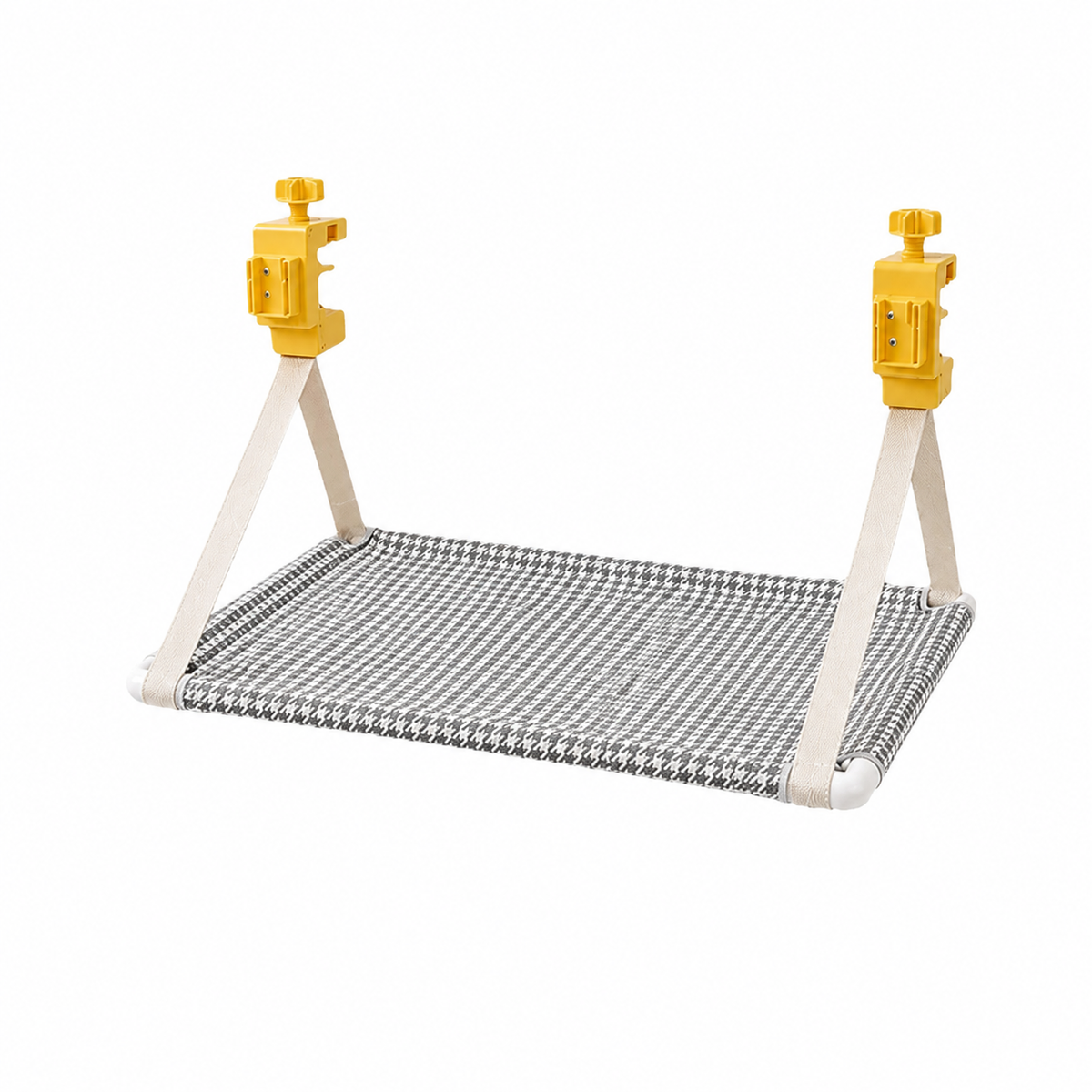 Grey clamp-on hanging cat hammock attached to a desk edge for cats and small dogs