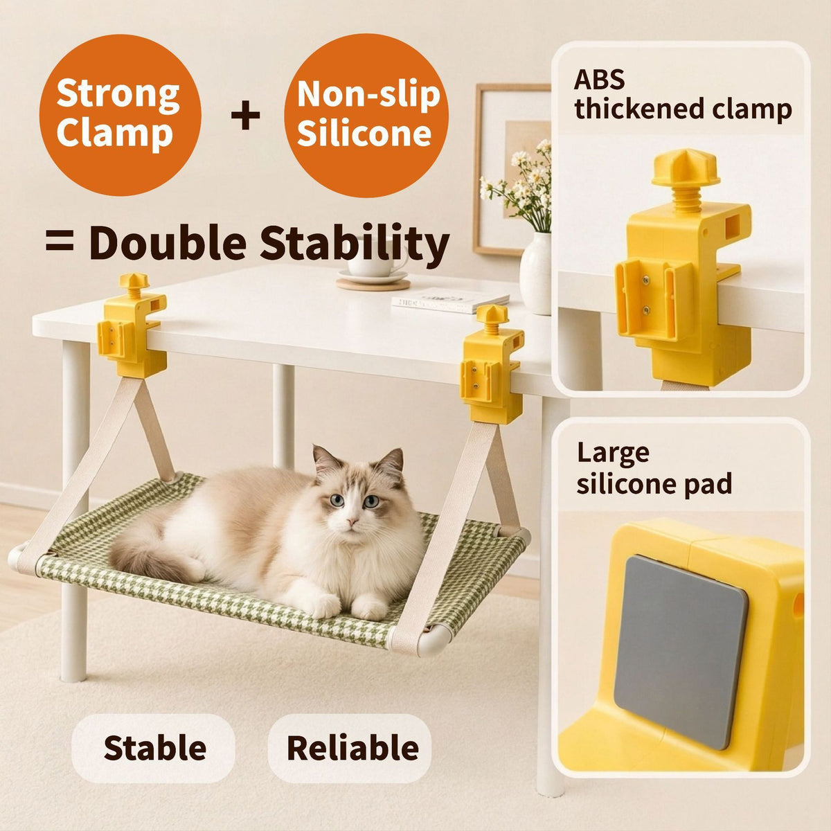 Grey clamp-on hanging cat hammock attached to a desk edge for cats and small dogs