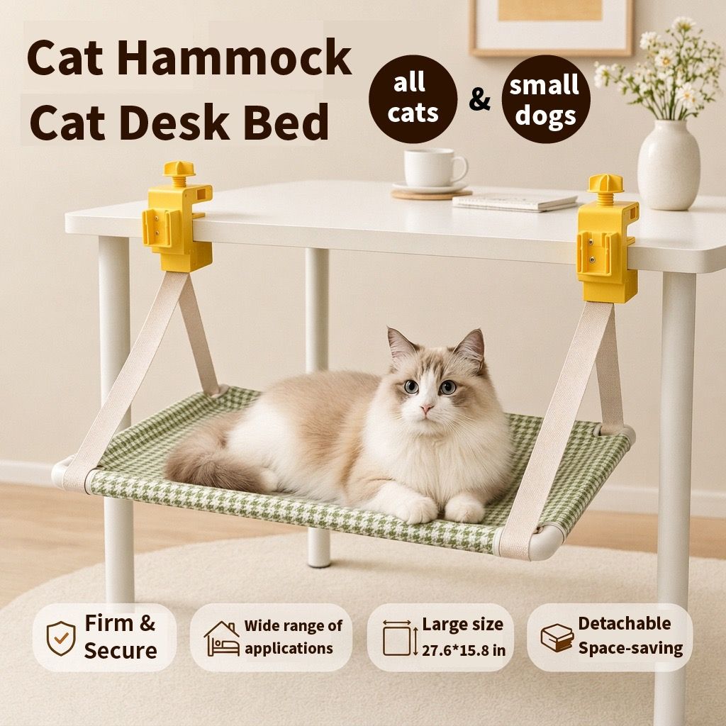 Grey clamp-on hanging cat hammock attached to a desk edge for cats and small dogs