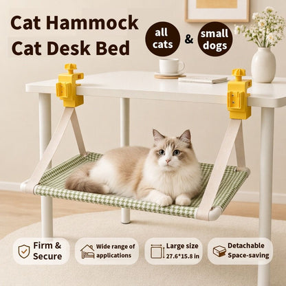 Grey clamp-on hanging cat hammock attached to a desk edge for cats and small dogs