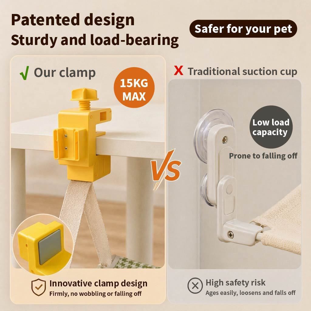 Grey clamp-on hanging cat hammock attached to a desk edge for cats and small dogs
