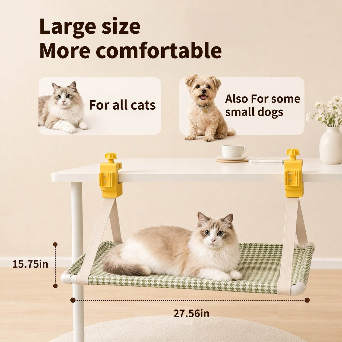 Grey clamp-on hanging cat hammock attached to a desk edge for cats and small dogs
