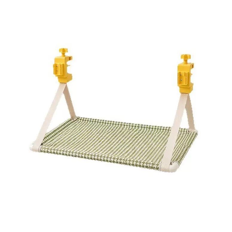 Grey clamp-on hanging cat hammock attached to a desk edge for cats and small dogs