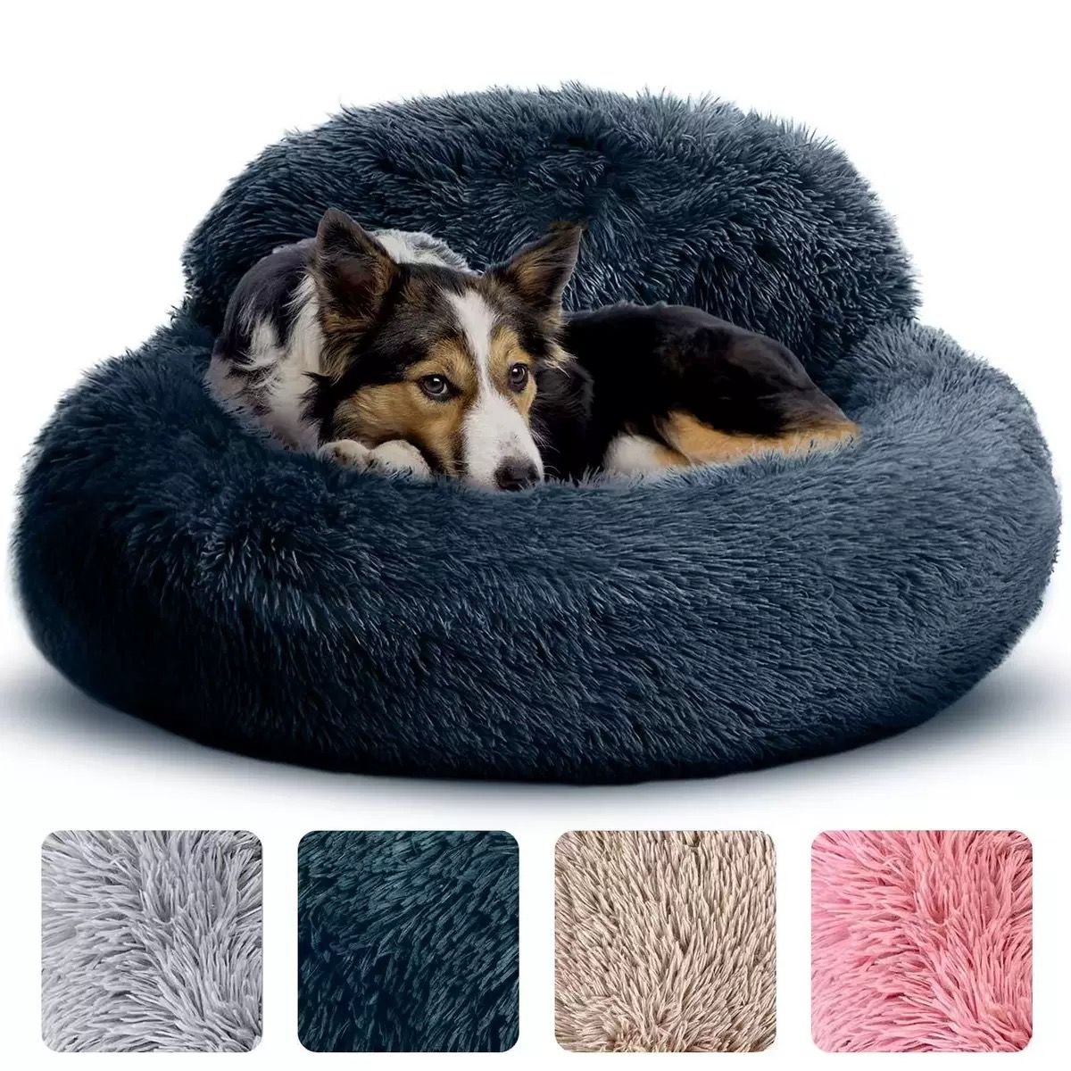Navy plush donut pet bed with raised rim for cats and dogs