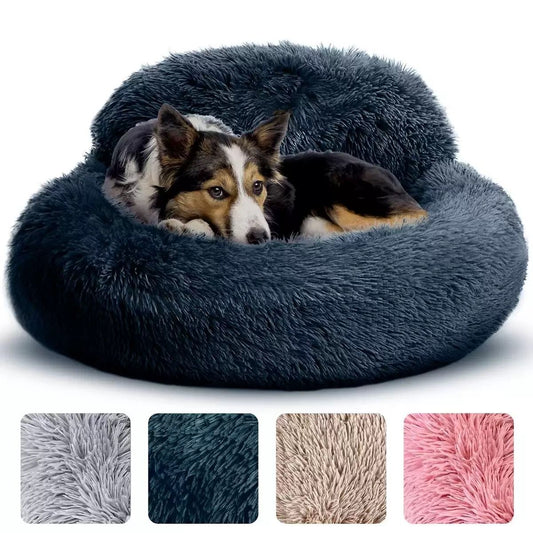 Navy plush donut pet bed with raised rim for cats and dogs