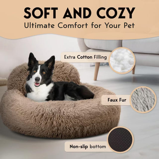 Navy plush donut pet bed with raised rim for cats and dogs