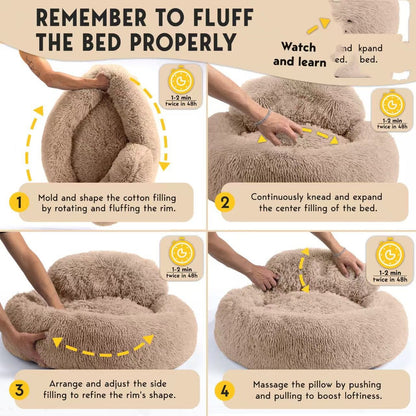 Navy plush donut pet bed with raised rim for cats and dogs