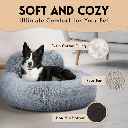 Navy plush donut pet bed with raised rim for cats and dogs