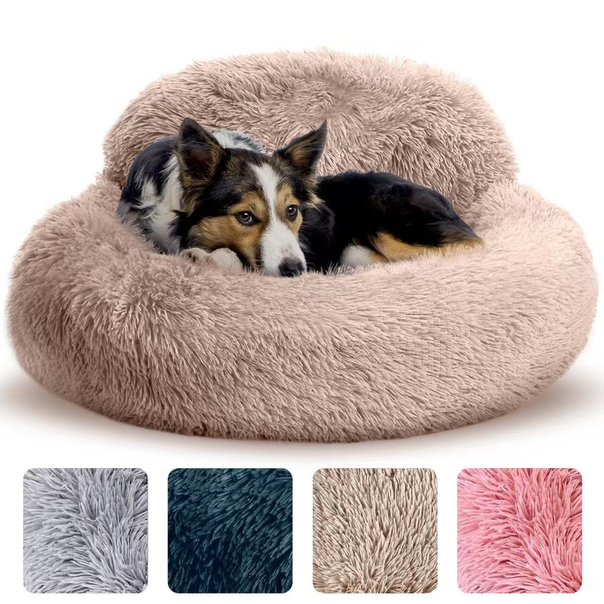 Navy plush donut pet bed with raised rim for cats and dogs