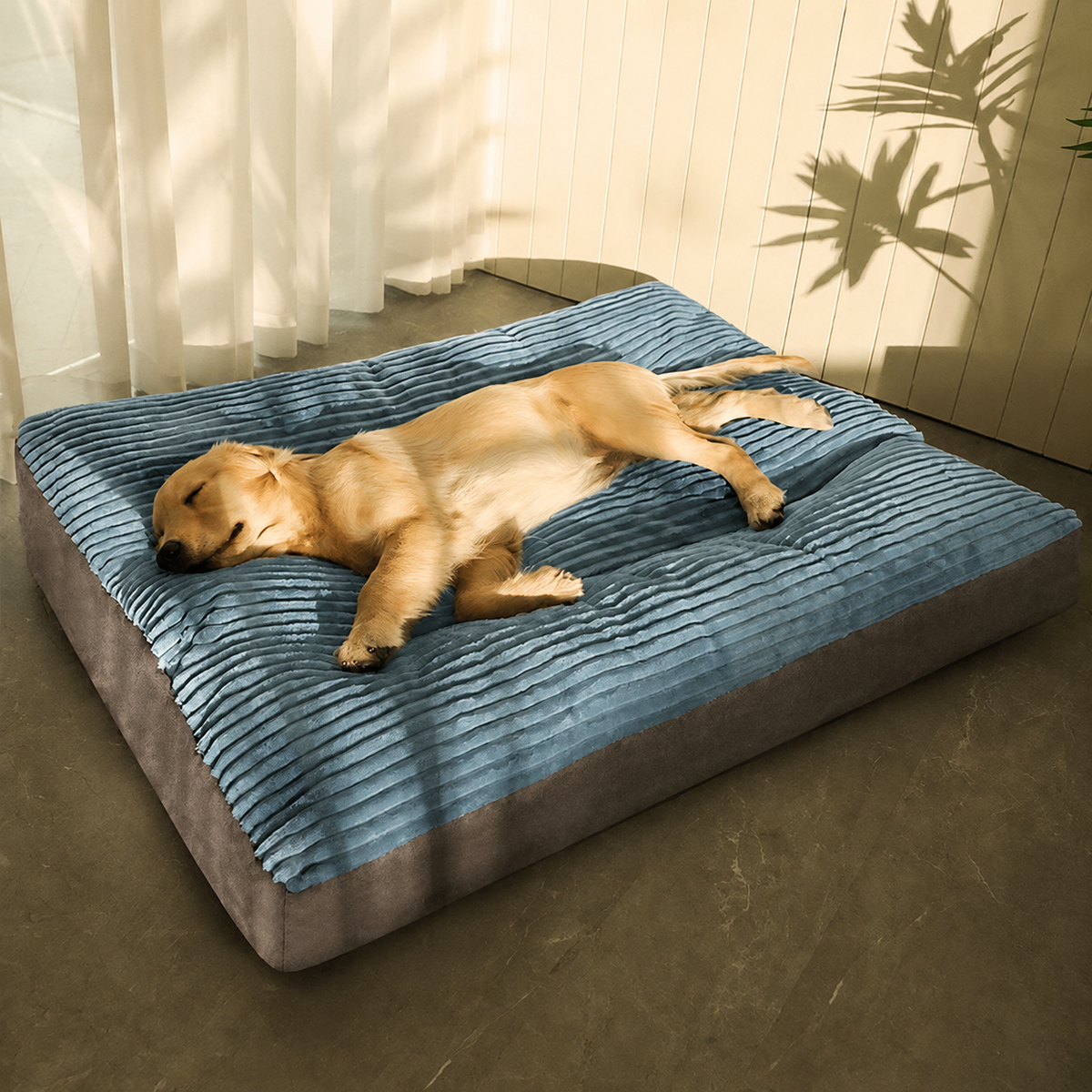 Blue soft pet sleeping mat with ribbed surface and waterproof non-slip base