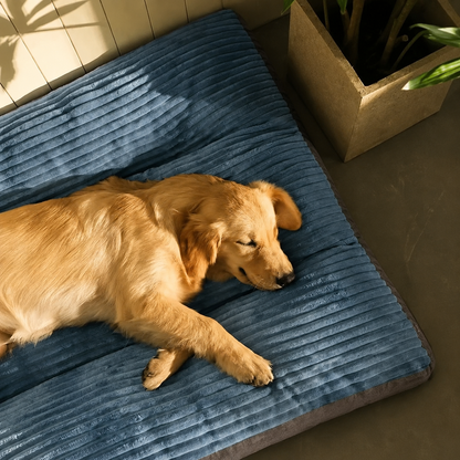 Blue soft pet sleeping mat with ribbed surface and waterproof non-slip base