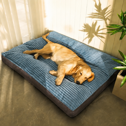Blue soft pet sleeping mat with ribbed surface and waterproof non-slip base