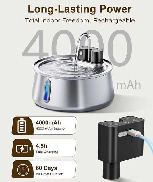 Stainless steel 4 litre pet water fountain with sensor and water window