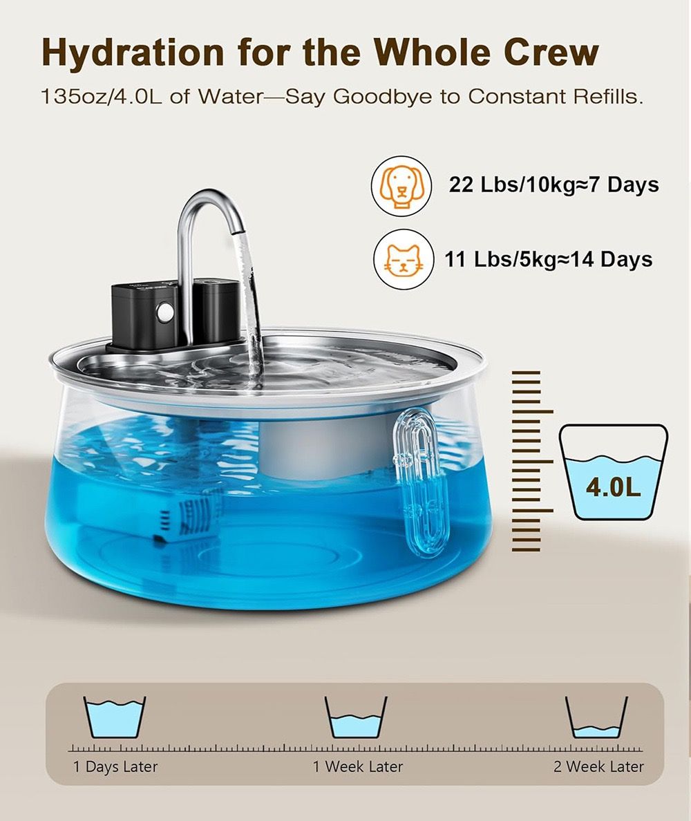 Stainless steel 4 litre pet water fountain with sensor and water window