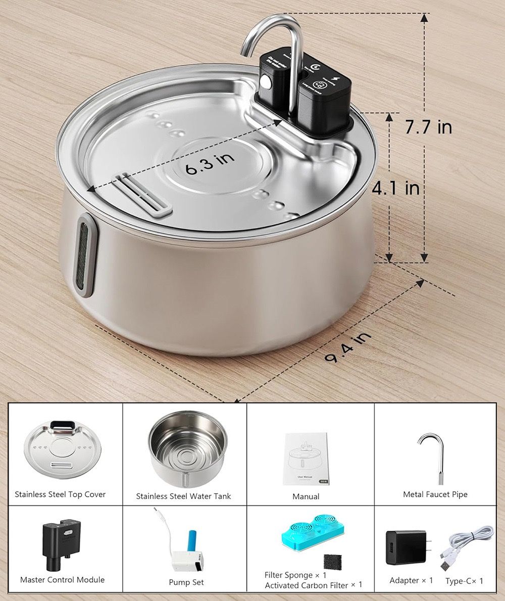 Stainless steel 4 litre pet water fountain with sensor and water window