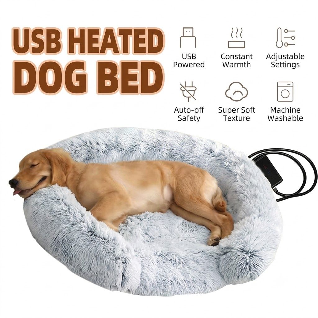 Semi-enclosed USB heated pet bed with plush fleece and removable cover