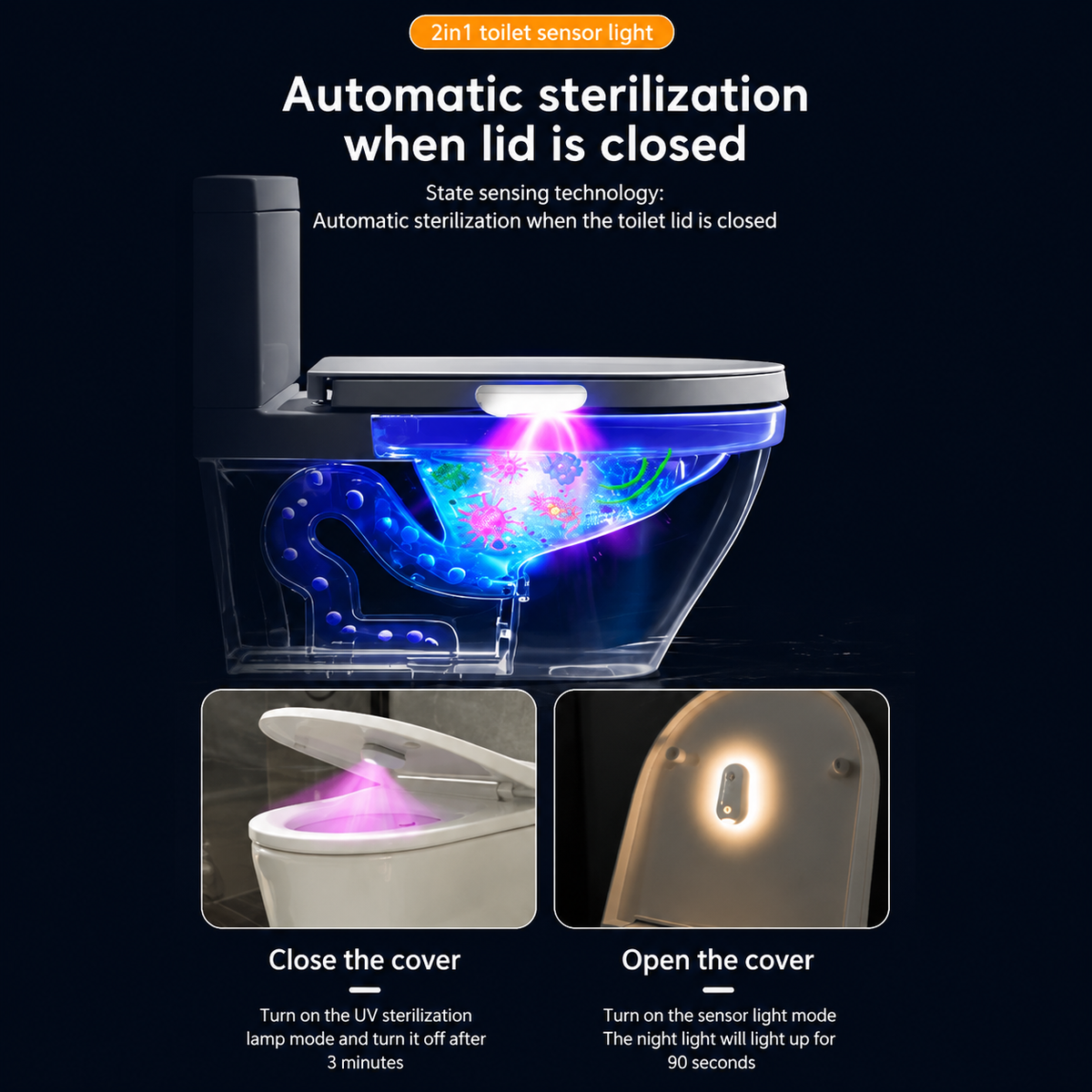 Pebble-shaped rechargeable toilet night light with UV steriliser and RGB glow