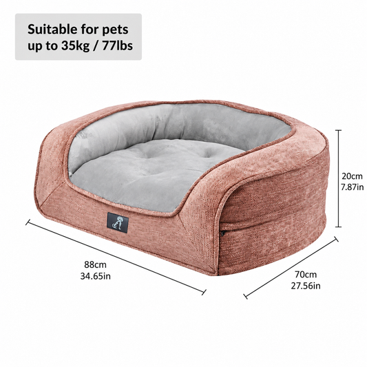 Pink orthopaedic pet sofa bed with bolstered edges and a removable cover