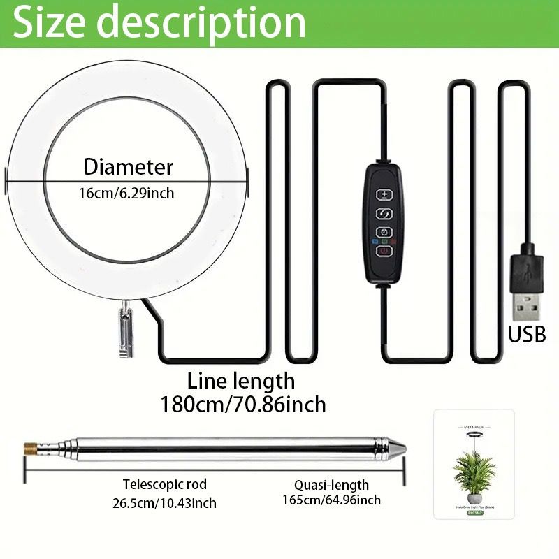 White USB floor plant grow light with ring LED head and telescopic stake