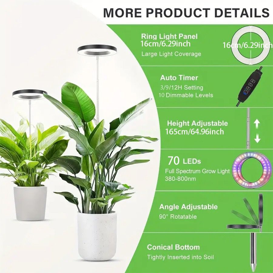 White USB floor plant grow light with ring LED head and telescopic stake
