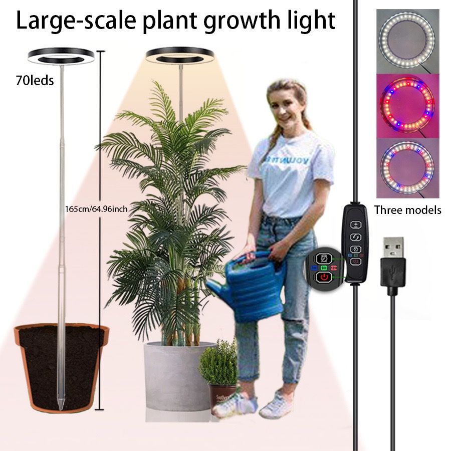 White USB floor plant grow light with ring LED head and telescopic stake
