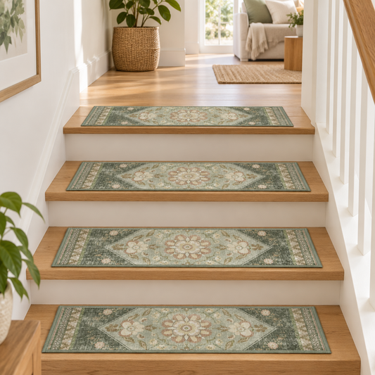 Sage green Persian patterned velvet stair tread mats fitted to timber stairs