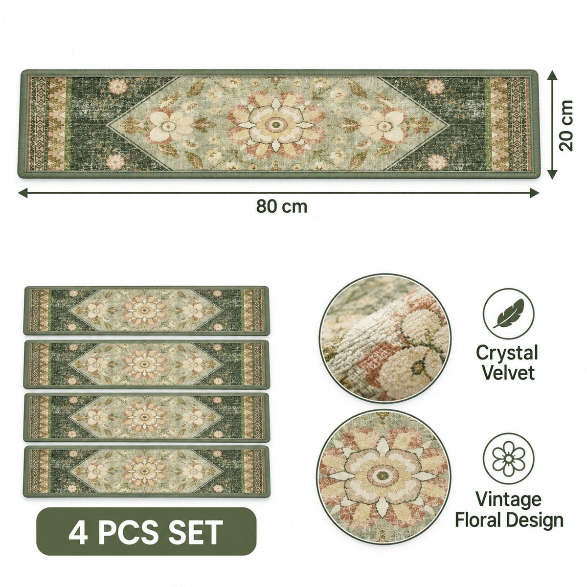 Sage green Persian patterned velvet stair tread mats fitted to timber stairs