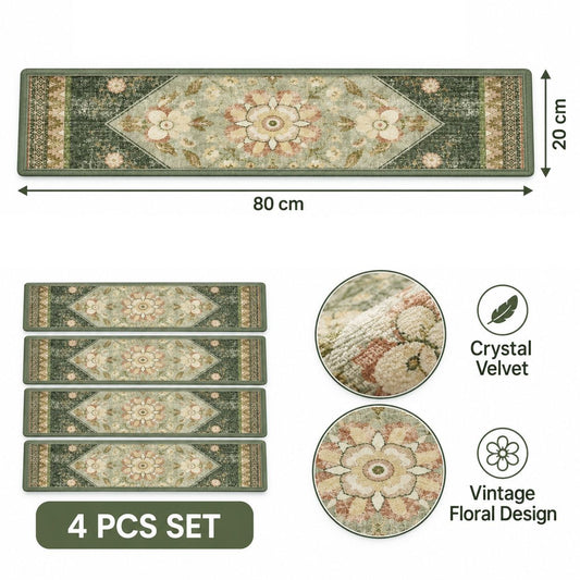 Sage green Persian patterned velvet stair tread mats fitted to timber stairs