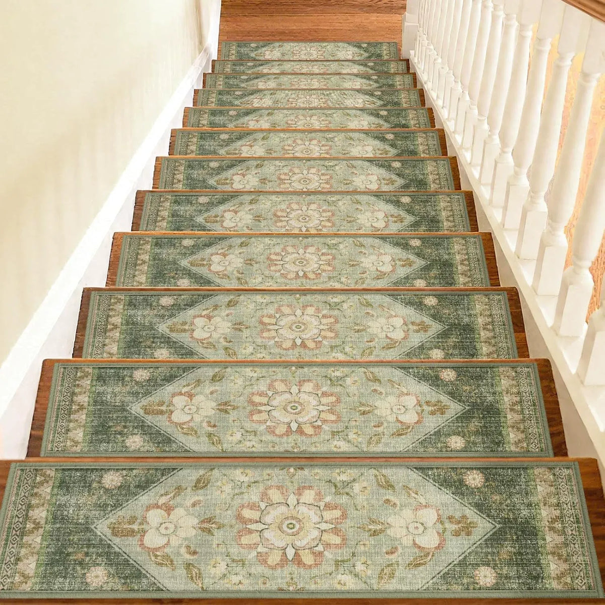 Sage green Persian patterned velvet stair tread mats fitted to timber stairs