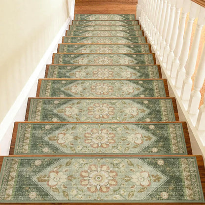 Sage green Persian patterned velvet stair tread mats fitted to timber stairs