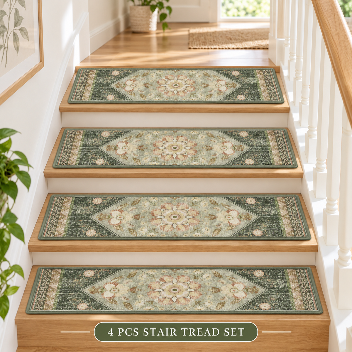 Sage green Persian patterned velvet stair tread mats fitted to timber stairs