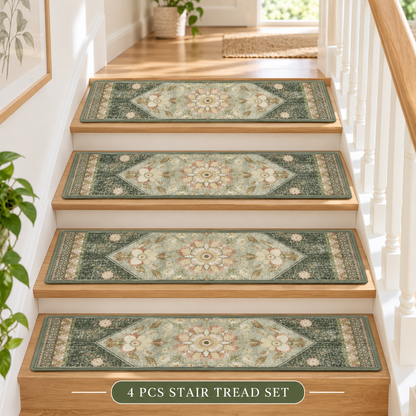 Sage green Persian patterned velvet stair tread mats fitted to timber stairs
