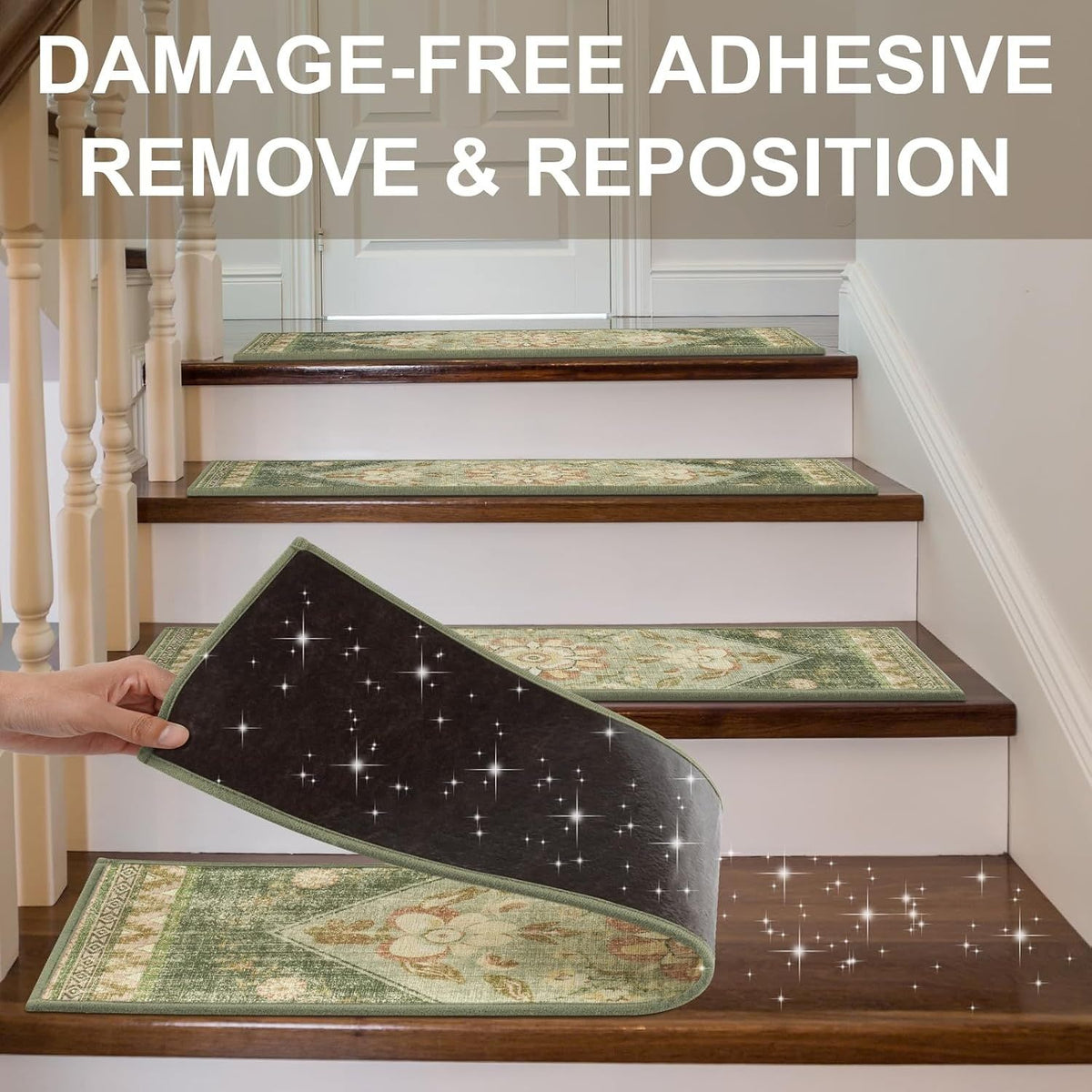 Sage green Persian patterned velvet stair tread mats fitted to timber stairs