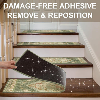 Sage green Persian patterned velvet stair tread mats fitted to timber stairs