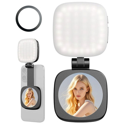 Black folding magnetic LED selfie light with mirror and phone mount