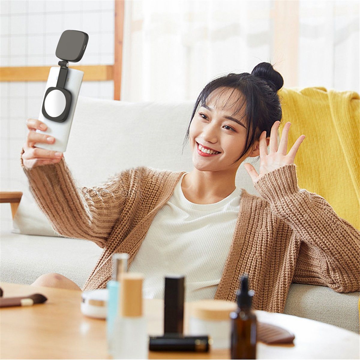 Black folding magnetic LED selfie light with mirror and phone mount