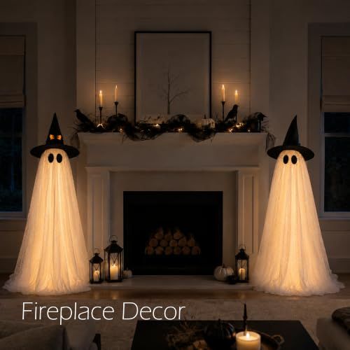 Tall standing white Halloween ghost decorations lit from within on a porch