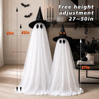 Tall standing white Halloween ghost decorations lit from within on a porch