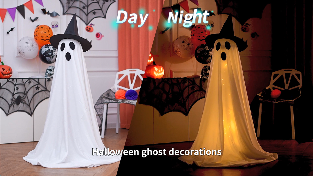Tall standing white Halloween ghost decorations lit from within on a porch