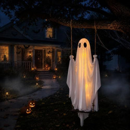 White fabric Halloween ghost hanging from a porch and lit from within